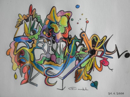 "flow" Kugelschreiber und Buntstifte auf Papier, 2000